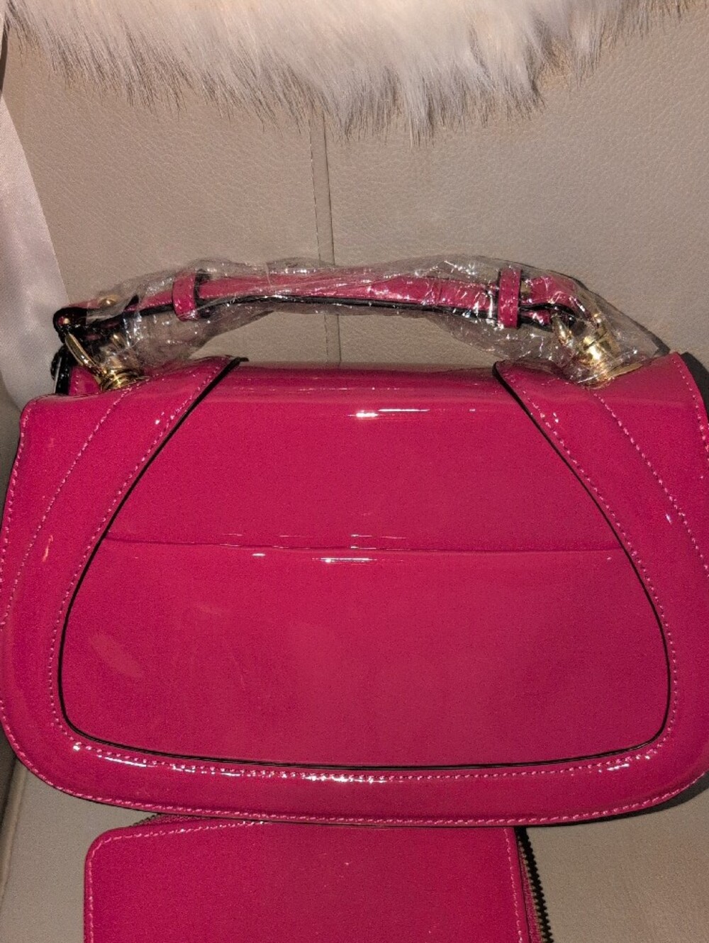 Hot Pink Patent Leather Top-Handle Bag with Wristlet And Crossbody Strap - Picture 16 of 16